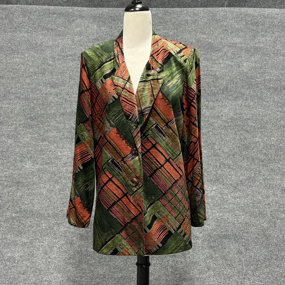 Vintage Logo USA Fashion Blazer Womens Medium Green Orange Geometric Jacket 90s